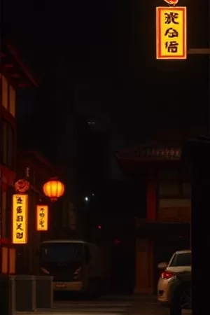 旧胶片旅馆竖版剧照，走廊尽头亮着灯的放映机